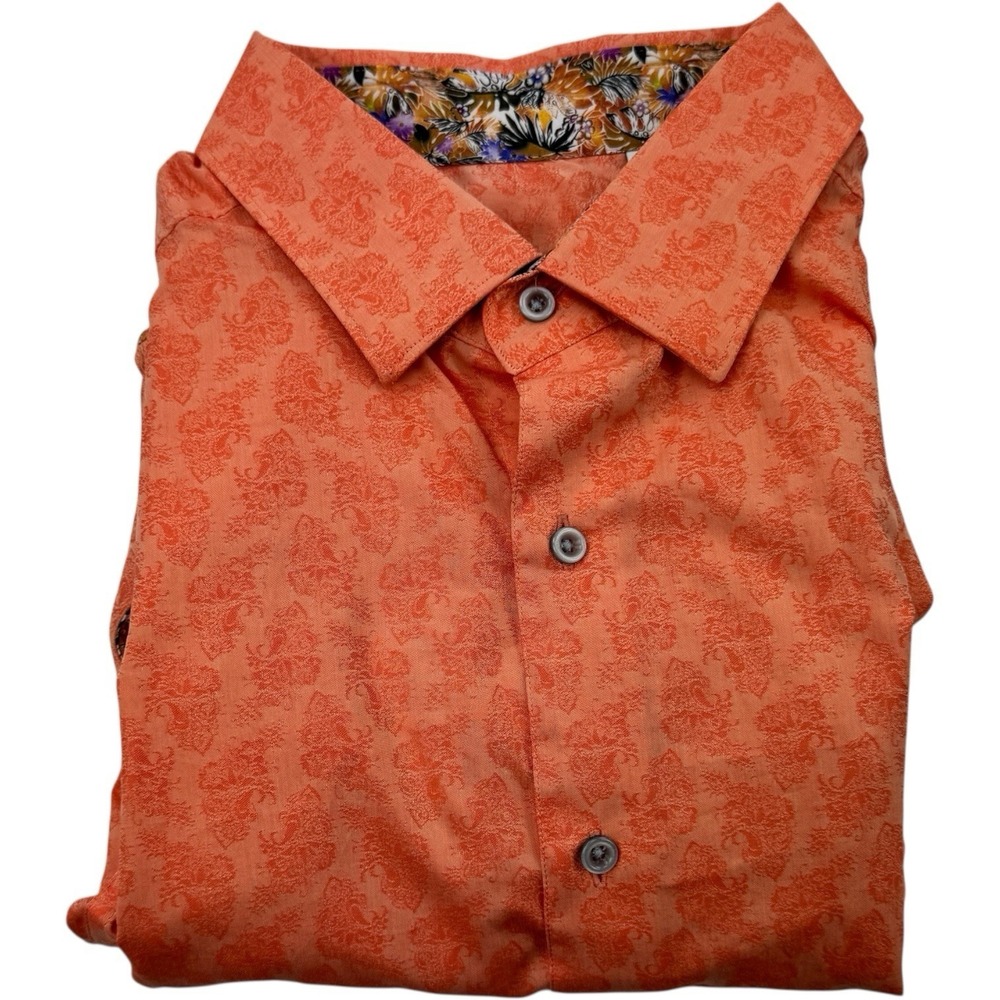 Robert Graham Peach Floral Embossed Short Sleeve Button Up Cotton Shirt 1XLT‎